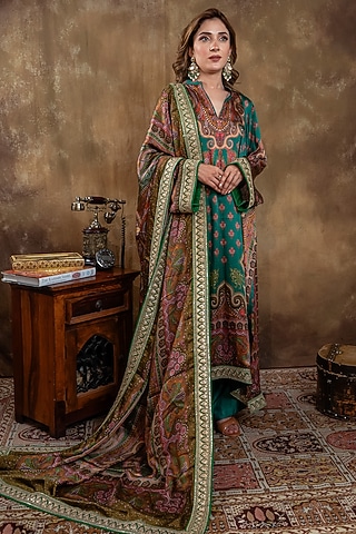 Bottle Green Satin Georgette Kalamkari Printed Kurta Set by Dareaab by Sonia k Mahajan