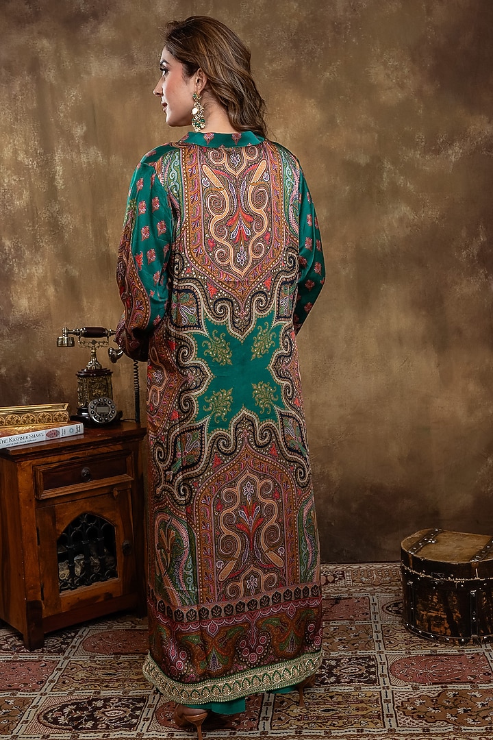 Bottle Green Satin Georgette Kalamkari Printed Kurta Set by Dareaab by Sonia k Mahajan at Pernia's Pop Up Shop
