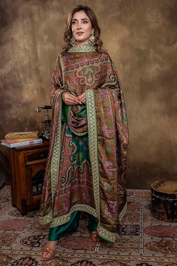 Bottle Green Satin Georgette Kalamkari Printed Kurta Set by Dareaab by Sonia k Mahajan at Pernia's Pop Up Shop