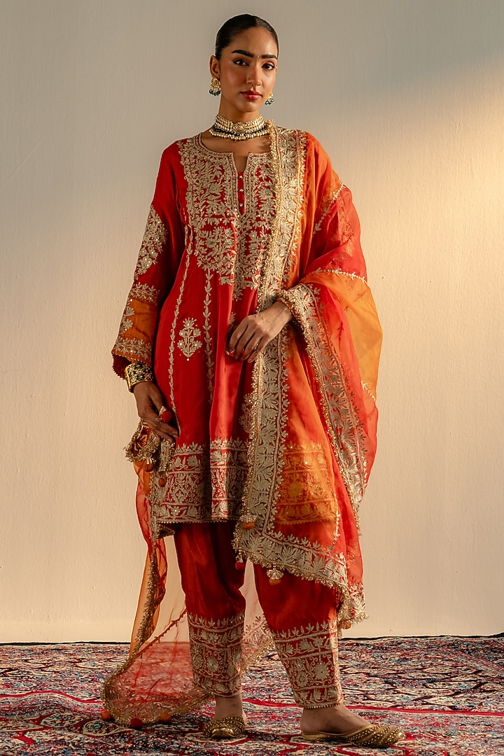 Kesari Orange Tilla Embroidered Kurta Set by Dareaab by Sonia k Mahajan at Pernia's Pop Up Shop