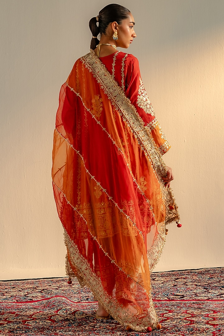 Kesari Orange Tilla Embroidered Kurta Set by Dareaab by Sonia k Mahajan at Pernia's Pop Up Shop