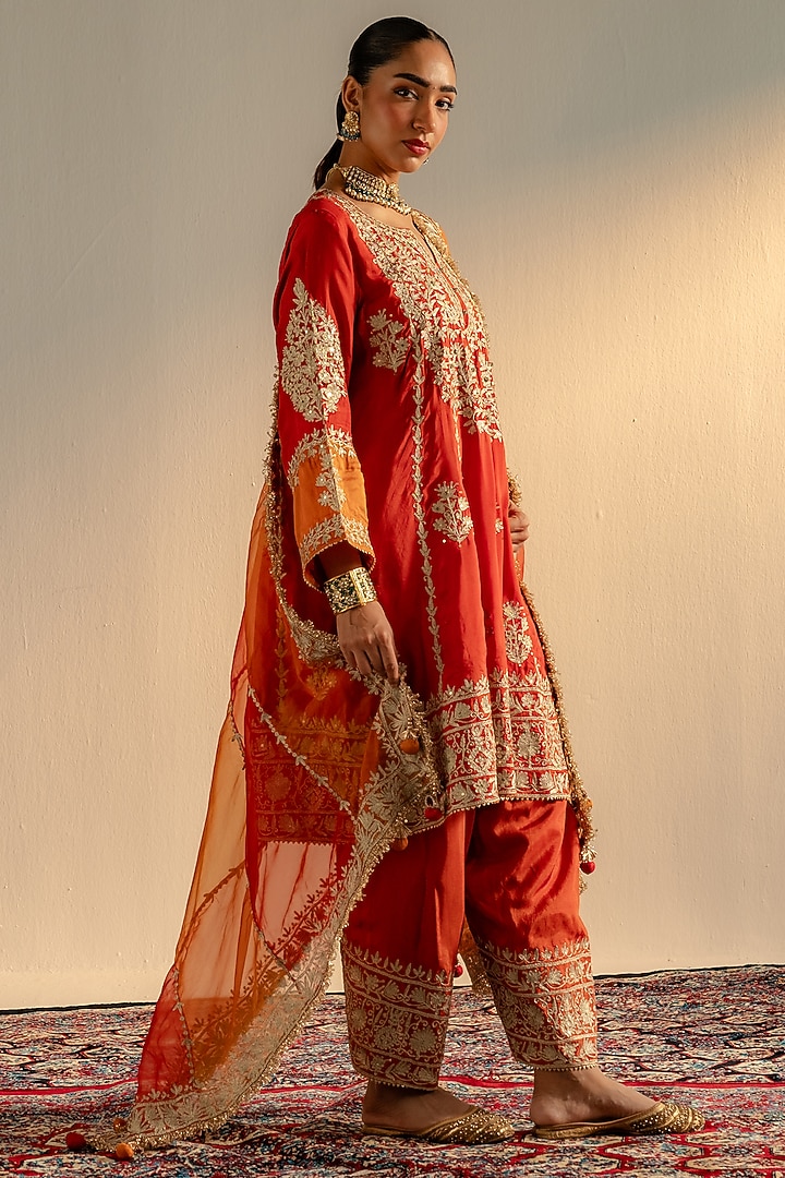 Kesari Orange Tilla Embroidered Kurta Set by Dareaab by Sonia k Mahajan at Pernia's Pop Up Shop