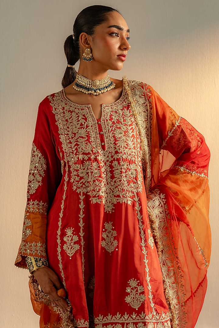 Kesari Orange Tilla Embroidered Kurta Set by Dareaab by Sonia k Mahajan at Pernia's Pop Up Shop
