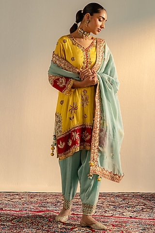 Yellow Upada Silk Embroidered Kurta Sst by Dareaab by Sonia k Mahajan