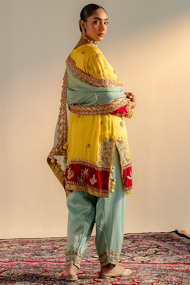 Yellow Upada Silk Embroidered Kurta Sst by Dareaab by Sonia k Mahajan at Pernia's Pop Up Shop