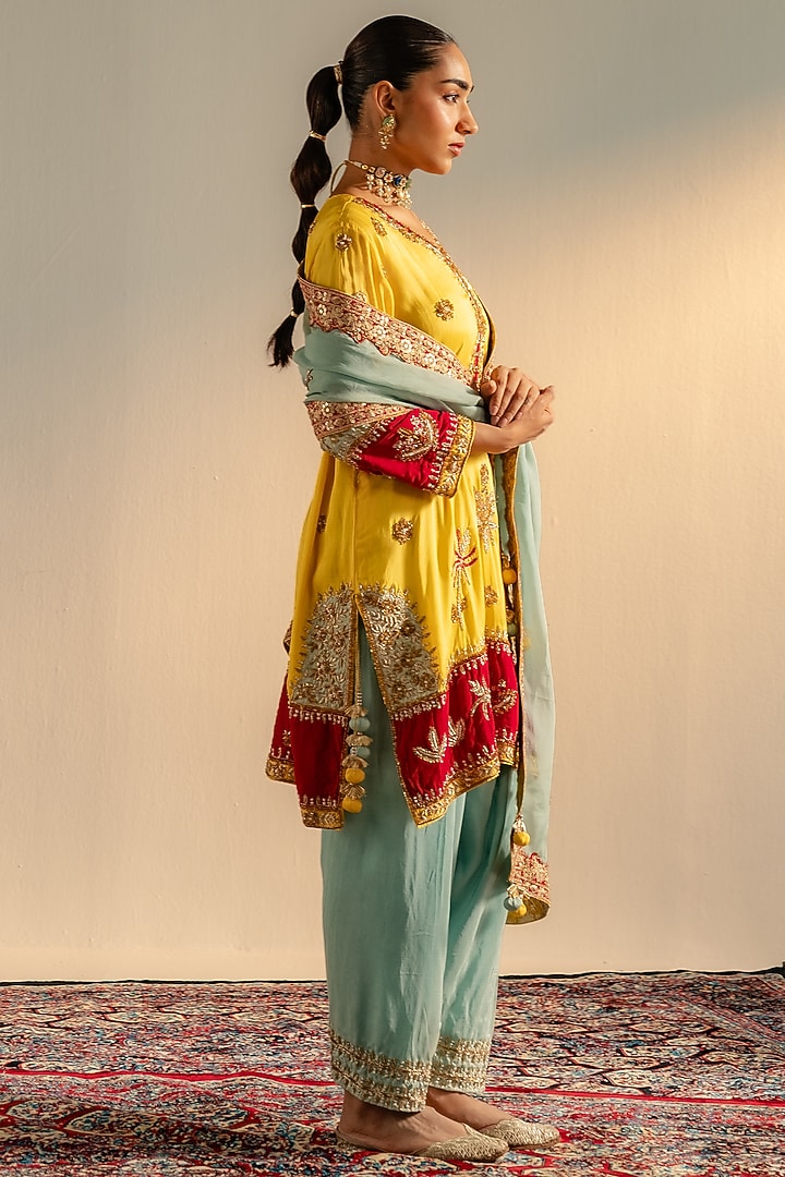 Yellow Upada Silk Embroidered Kurta Sst by Dareaab by Sonia k Mahajan at Pernia's Pop Up Shop