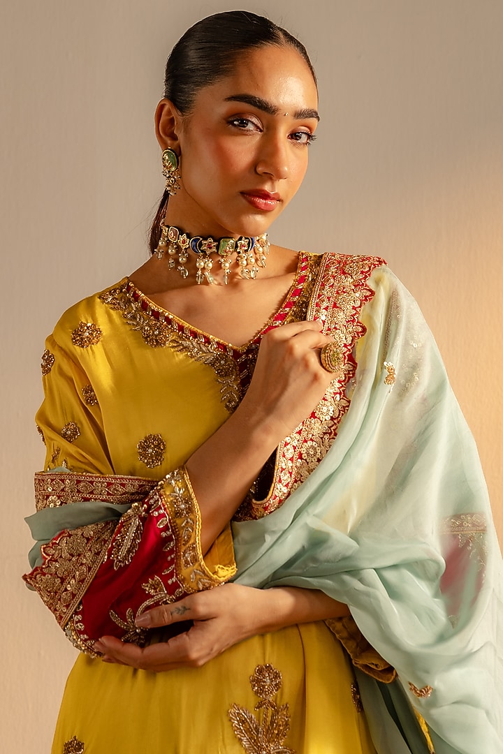 Yellow Upada Silk Embroidered Kurta Sst by Dareaab by Sonia k Mahajan at Pernia's Pop Up Shop