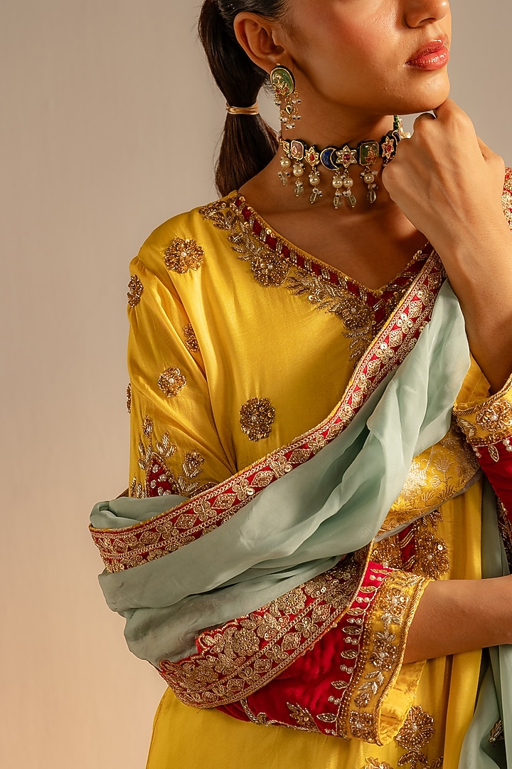Yellow Upada Silk Embroidered Kurta Sst by Dareaab by Sonia k Mahajan at Pernia's Pop Up Shop