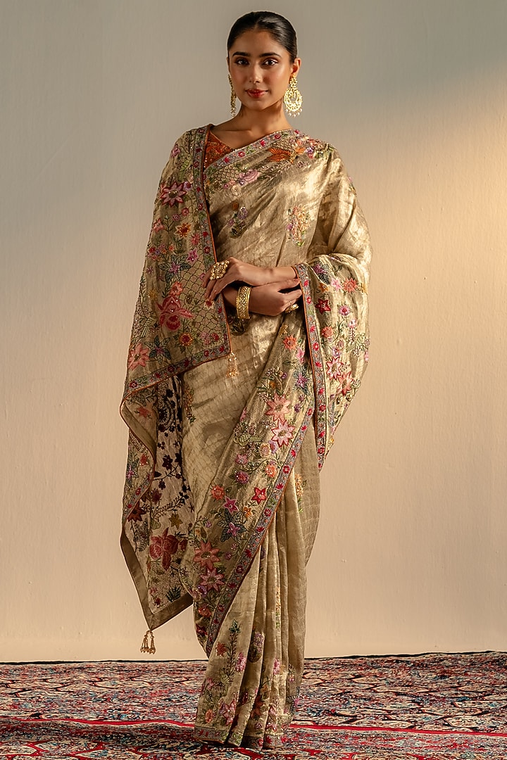 Gold Pure Banarasi Lame Bridal Saree Set by Dareaab by Sonia k Mahajan at Pernia's Pop Up Shop