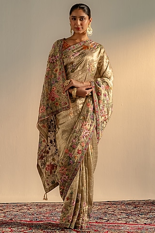 Gold Pure Banarasi Lame Saree Set by Dareaab by Sonia k Mahajan