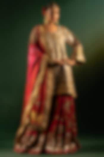 Red Upada Silk Bridal Sharara Set by Dareaab by Sonia k Mahajan at Pernia's Pop Up Shop