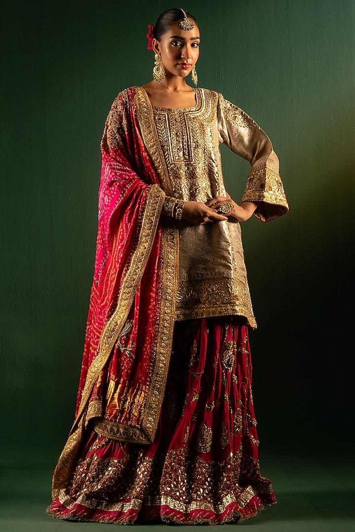 Red Upada Silk Bridal Sharara Set by Dareaab by Sonia k Mahajan at Pernia's Pop Up Shop
