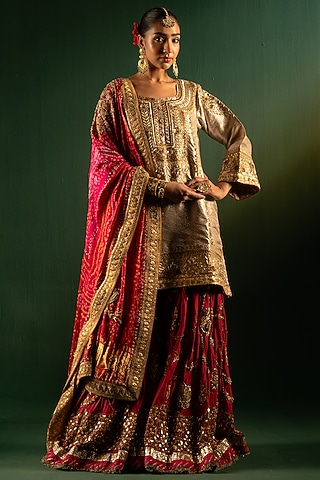 Red Upada Silk Sharara Set by Dareaab by Sonia k Mahajan