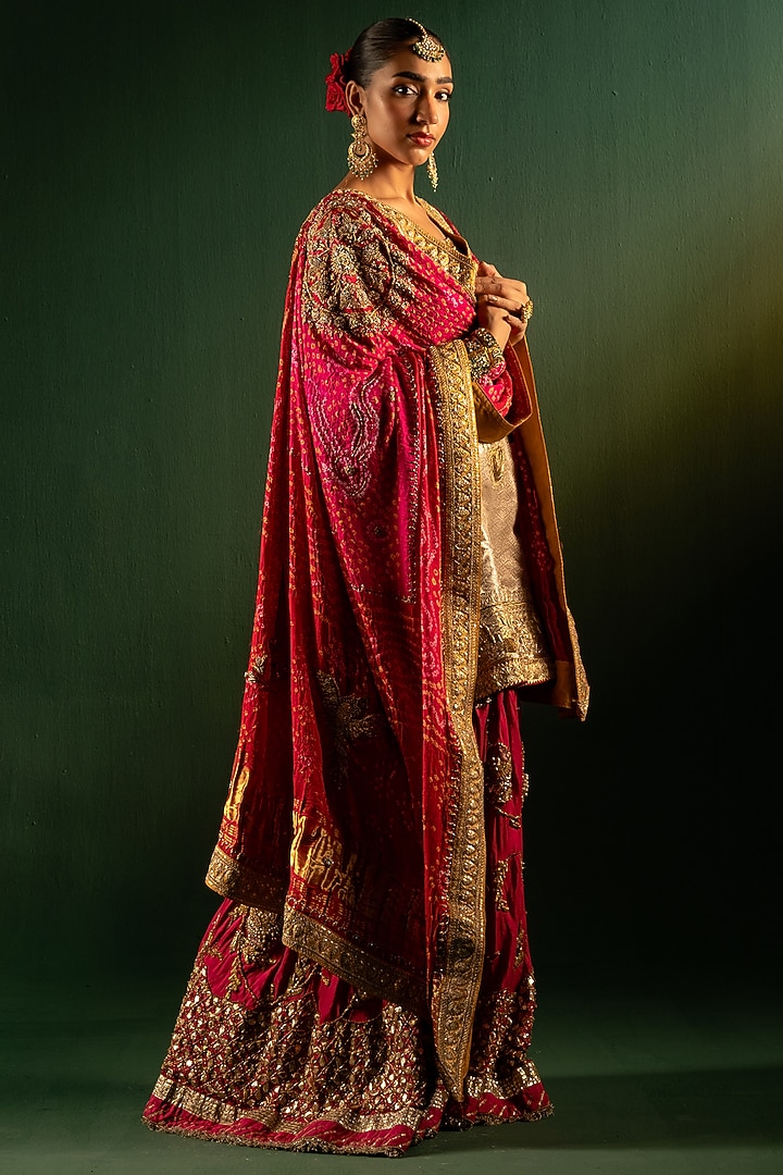 Red Upada Silk Bridal Sharara Set by Dareaab by Sonia k Mahajan at Pernia's Pop Up Shop