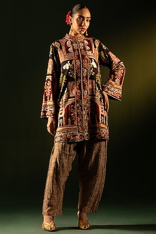 Multi-Colored Georgette Silk Hand Embroidered Jacket Set by Dareaab by Sonia k Mahajan
