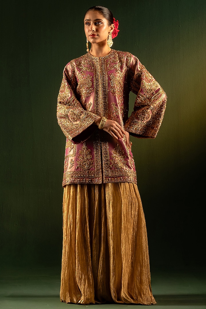 Gold Pink Tissue Lame Zardosi Work Jacket by Dareaab by Sonia k Mahajan at Pernia's Pop Up Shop