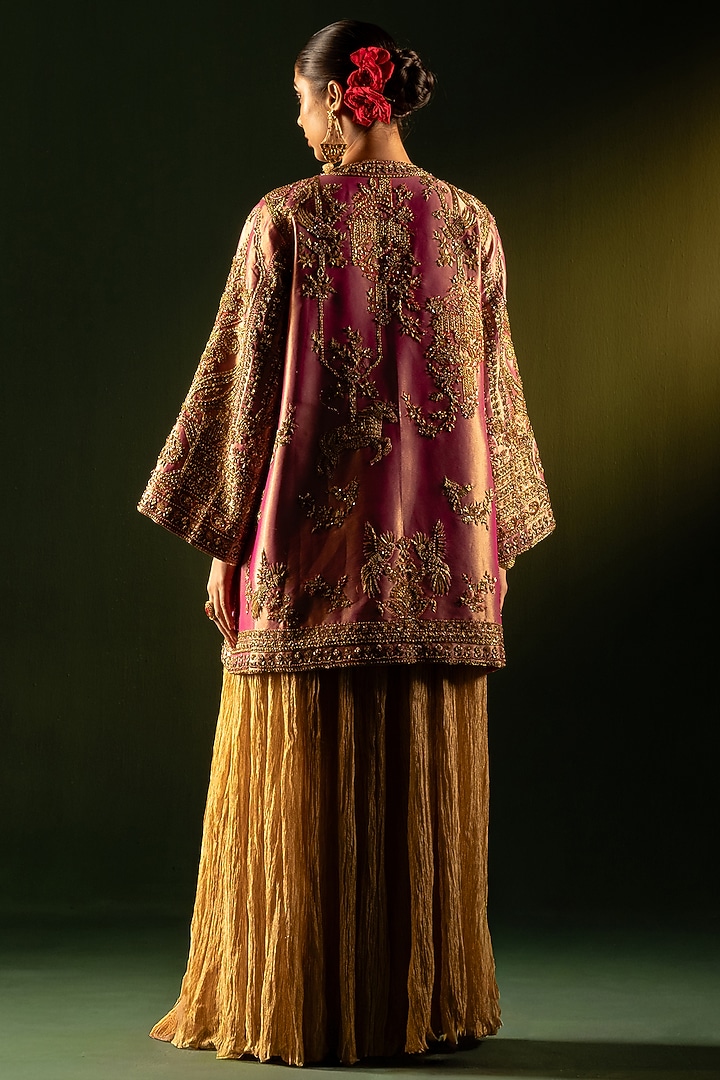 Gold Pink Tissue Lame Zardosi Work Jacket by Dareaab by Sonia k Mahajan at Pernia's Pop Up Shop