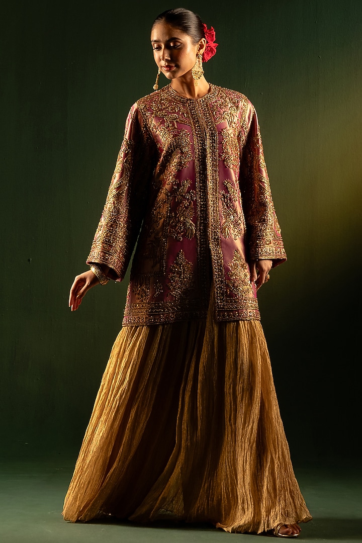 Gold Pink Tissue Lame Zardosi Work Jacket by Dareaab by Sonia k Mahajan at Pernia's Pop Up Shop