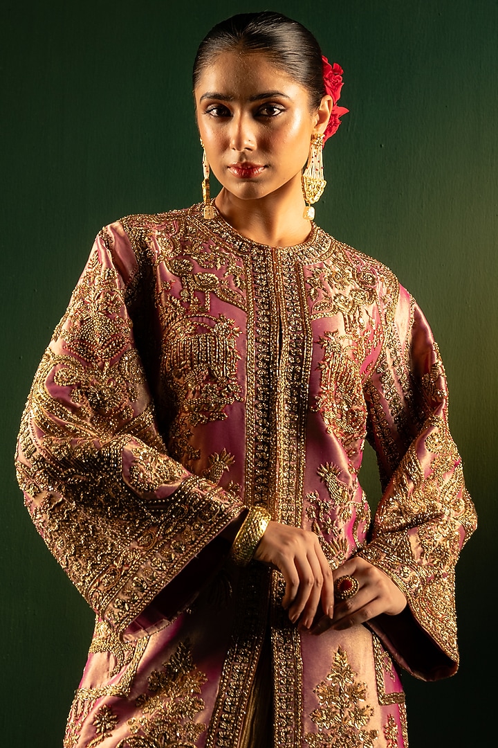 Gold Pink Tissue Lame Zardosi Work Jacket by Dareaab by Sonia k Mahajan at Pernia's Pop Up Shop