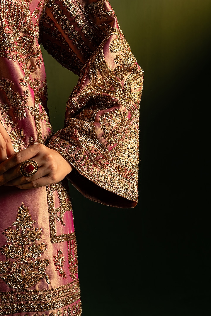 Gold Pink Tissue Lame Zardosi Work Jacket by Dareaab by Sonia k Mahajan at Pernia's Pop Up Shop