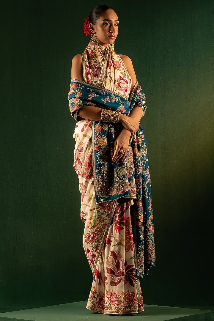 Ivory Georgette Sequins Work Bridal Saree by Dareaab by Sonia k Mahajan at Pernia's Pop Up Shop