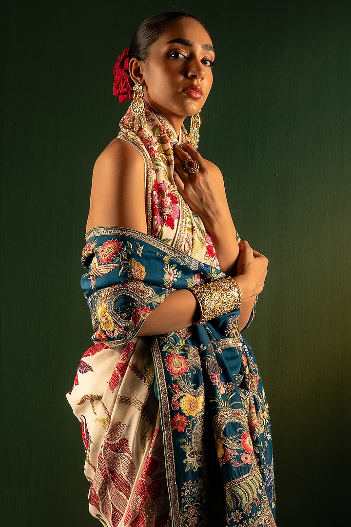 Ivory Georgette Sequins Work Bridal Saree by Dareaab by Sonia k Mahajan at Pernia's Pop Up Shop