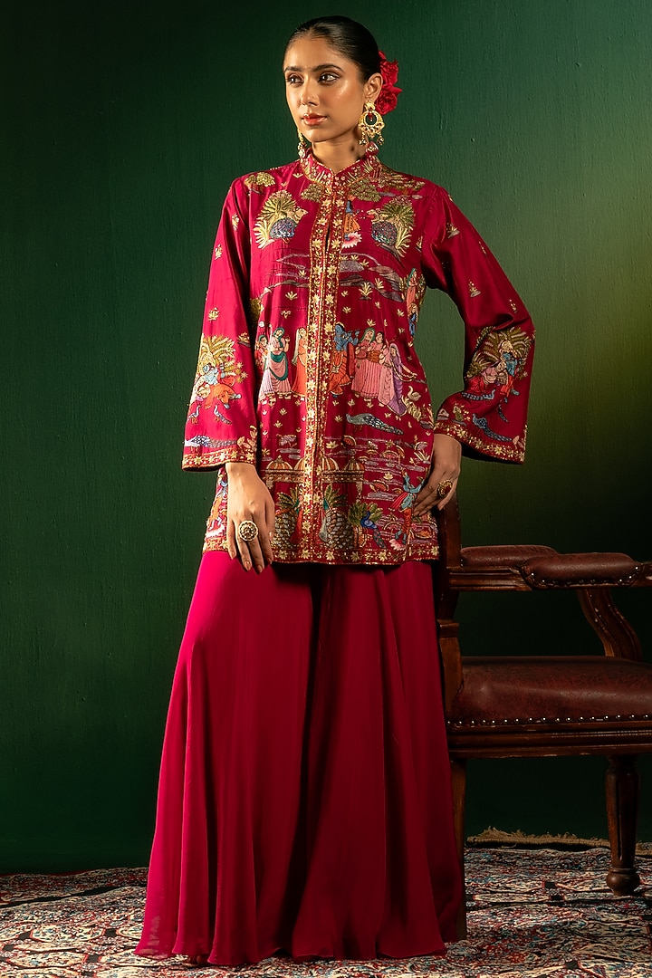 Red Silk Jacket set by Dareaab by Sonia k Mahajan at Pernia's Pop Up Shop