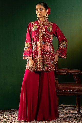 Red Silk Jacket set by Dareaab by Sonia k Mahajan