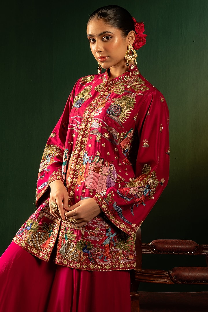 Red Silk Jacket set by Dareaab by Sonia k Mahajan at Pernia's Pop Up Shop