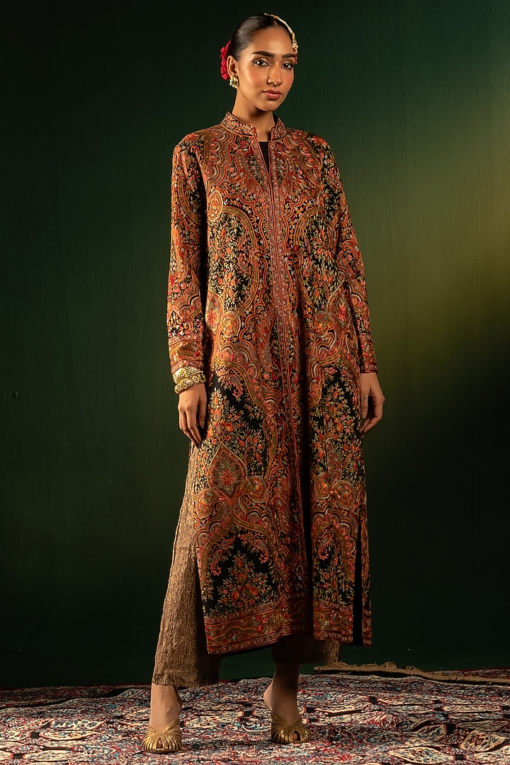 Black & Multi-Colored Georgette Jamawar Jacket by Dareaab by Sonia k Mahajan at Pernia's Pop Up Shop