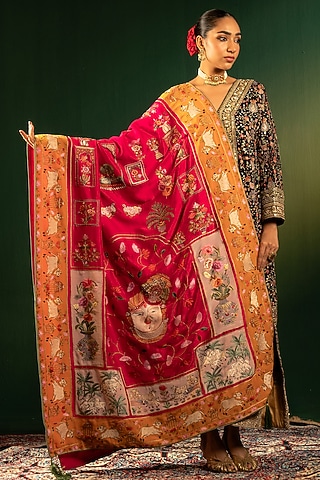 Pink Silk & Pashmina Thread Handwork Shawl by Dareaab by Sonia k Mahajan