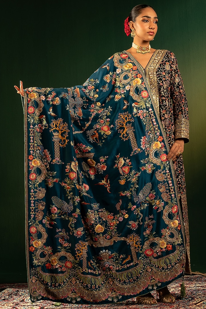 Royal Blue Silk Thread Handwork Shawl by Dareaab by Sonia k Mahajan at Pernia's Pop Up Shop