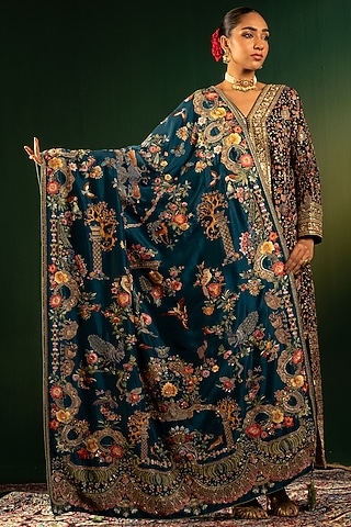 Royal Blue Silk Thread Handwork Shawl by Dareaab by Sonia k Mahajan