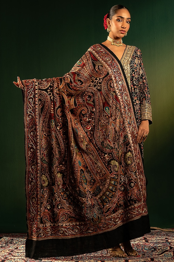 Black Silk Thread Handwork Shawl by Dareaab by Sonia k Mahajan at Pernia's Pop Up Shop