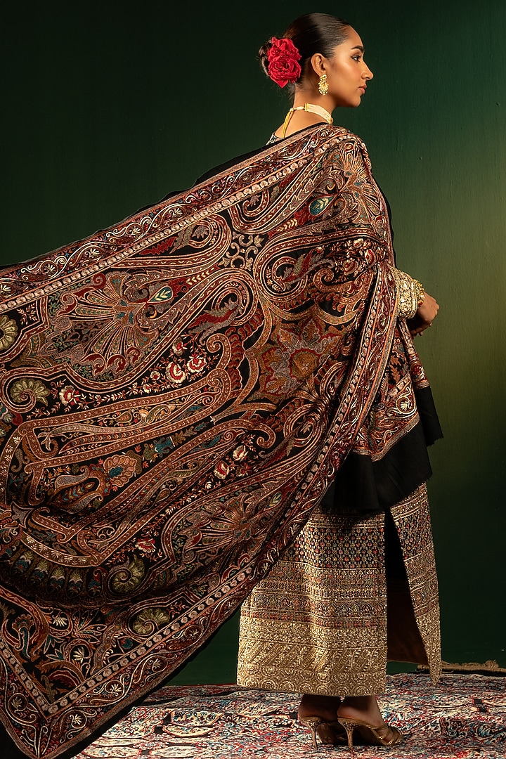 Black Silk Thread Handwork Shawl by Dareaab by Sonia k Mahajan at Pernia's Pop Up Shop