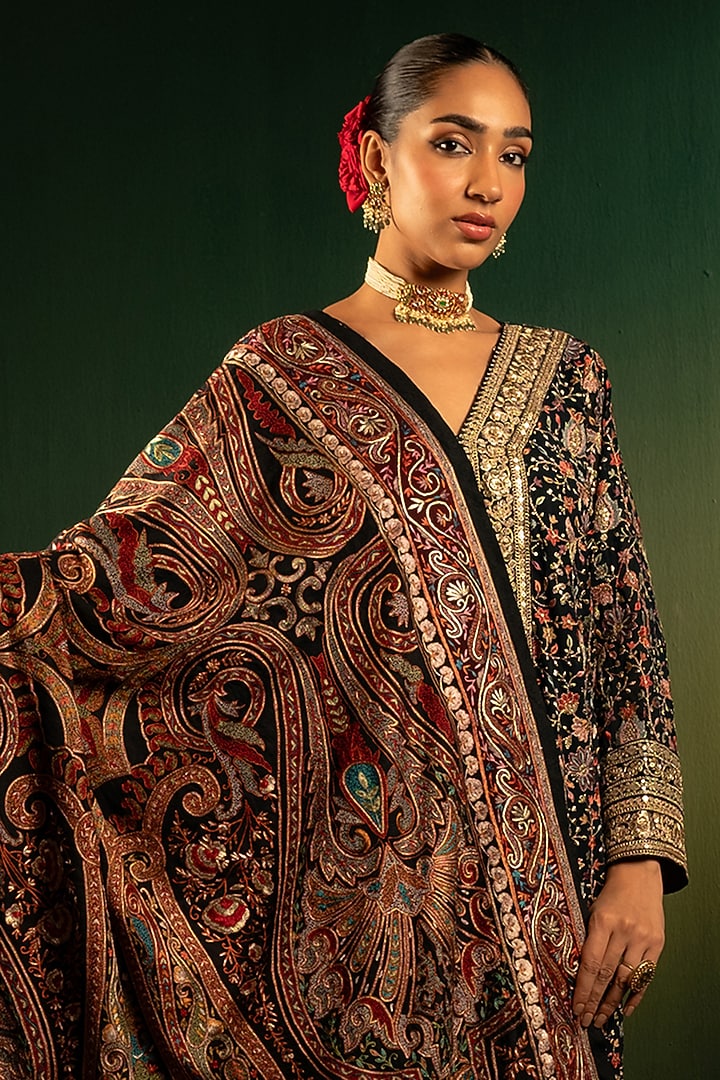 Black Silk Thread Handwork Shawl by Dareaab by Sonia k Mahajan at Pernia's Pop Up Shop