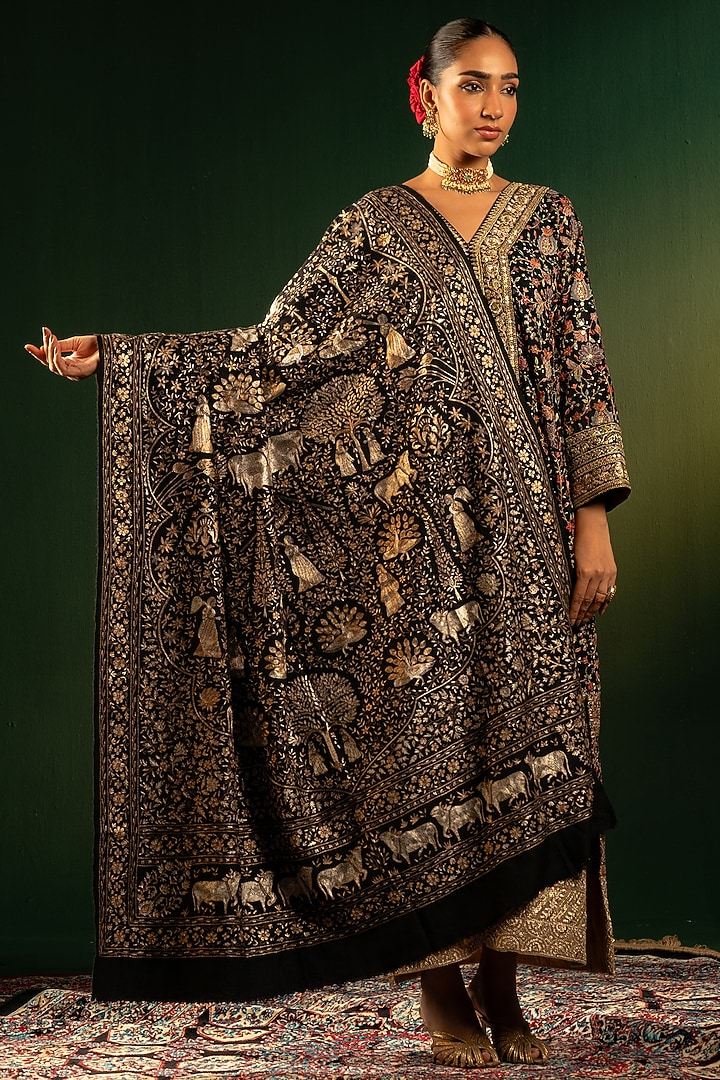 Black Silk Kasab Work Shawl by Dareaab by Sonia k Mahajan at Pernia's Pop Up Shop