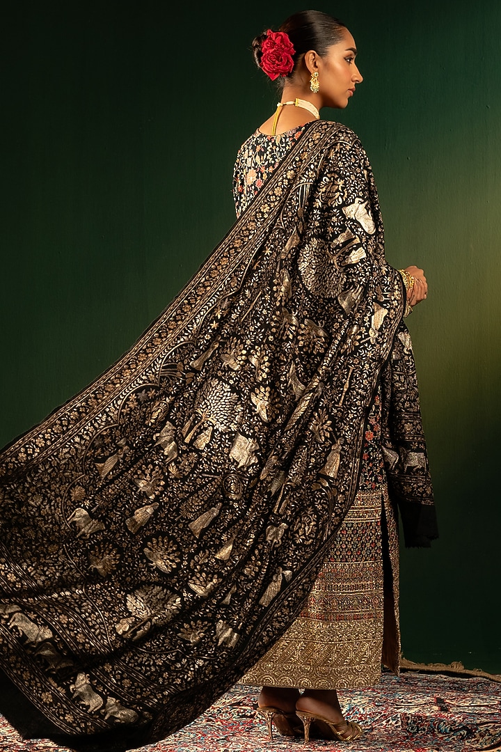 Black Silk Kasab Work Shawl by Dareaab by Sonia k Mahajan at Pernia's Pop Up Shop