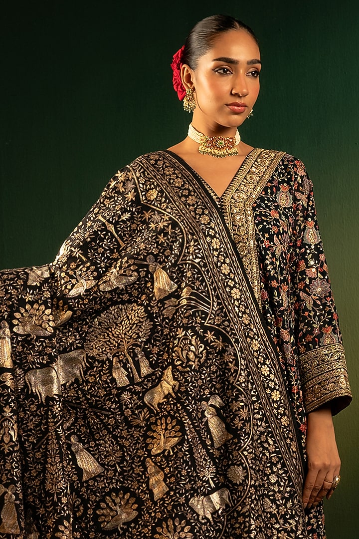 Black Silk Kasab Work Shawl by Dareaab by Sonia k Mahajan at Pernia's Pop Up Shop