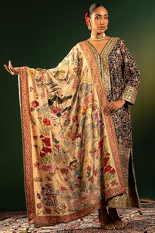 Pearl White Silk Embroidered Shawl by Dareaab by Sonia k Mahajan