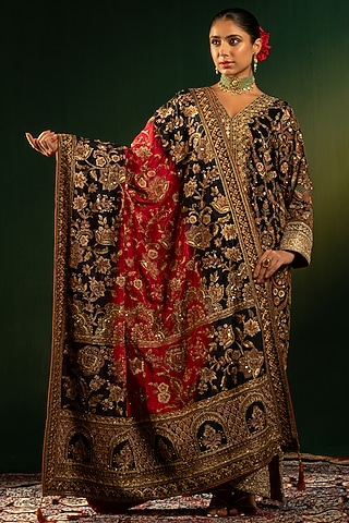 Red & Black Silk Zardosi Embroidered Shawl by Dareaab by Sonia k Mahajan