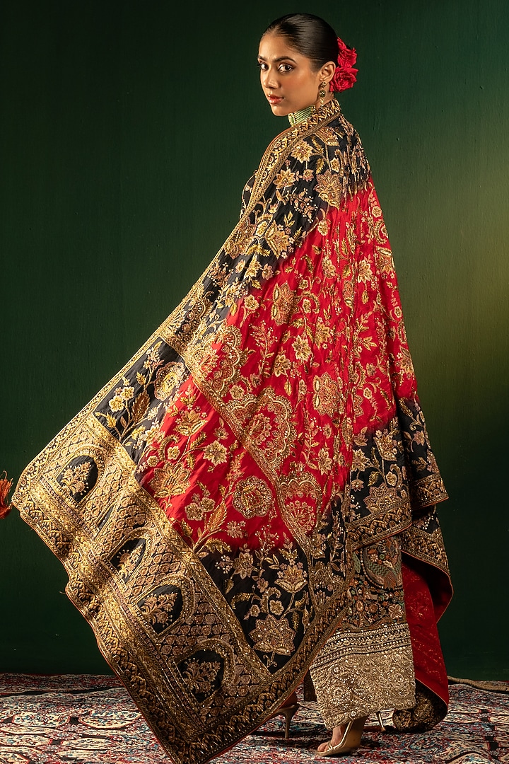 Red & Black Silk Zardosi Embroidered Shawl by Dareaab by Sonia k Mahajan at Pernia's Pop Up Shop
