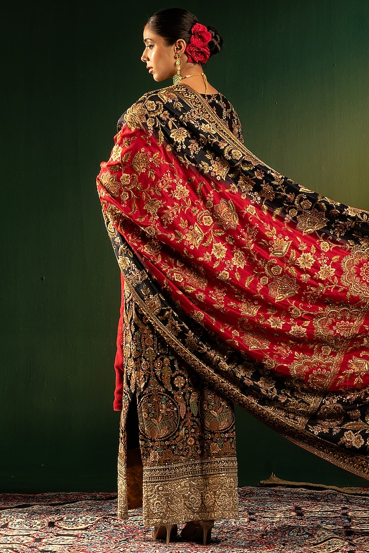Red & Black Silk Zardosi Embroidered Shawl by Dareaab by Sonia k Mahajan at Pernia's Pop Up Shop