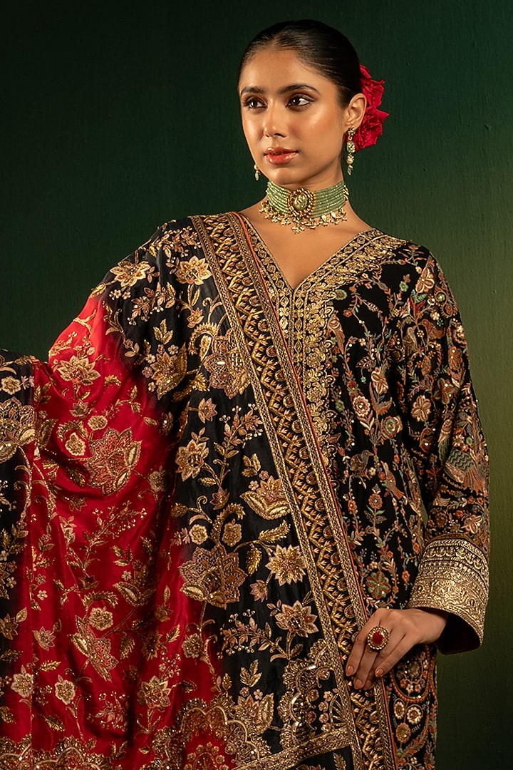Red & Black Silk Zardosi Embroidered Shawl by Dareaab by Sonia k Mahajan at Pernia's Pop Up Shop