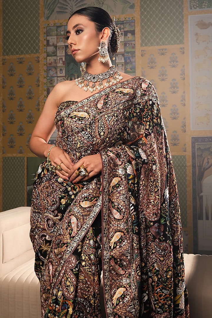Metallic Black Georgette Resham Hand Embroidered Bridal Saree by Dareaab by Sonia k Mahajan at Pernia's Pop Up Shop