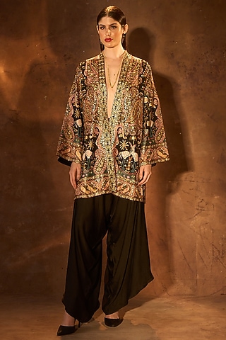 Black Silk Embroidered Kimono Jacket by Dareaab by Sonia k Mahajan