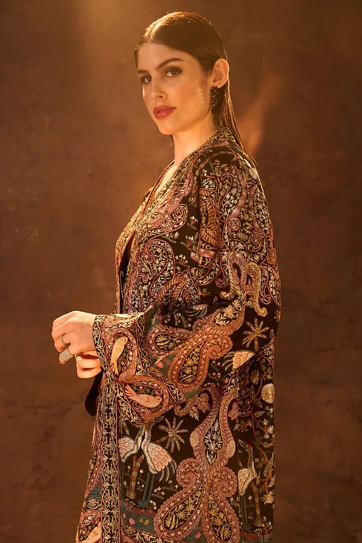 Black Silk Embroidered Kimono Jacket by Dareaab by Sonia k Mahajan at Pernia's Pop Up Shop