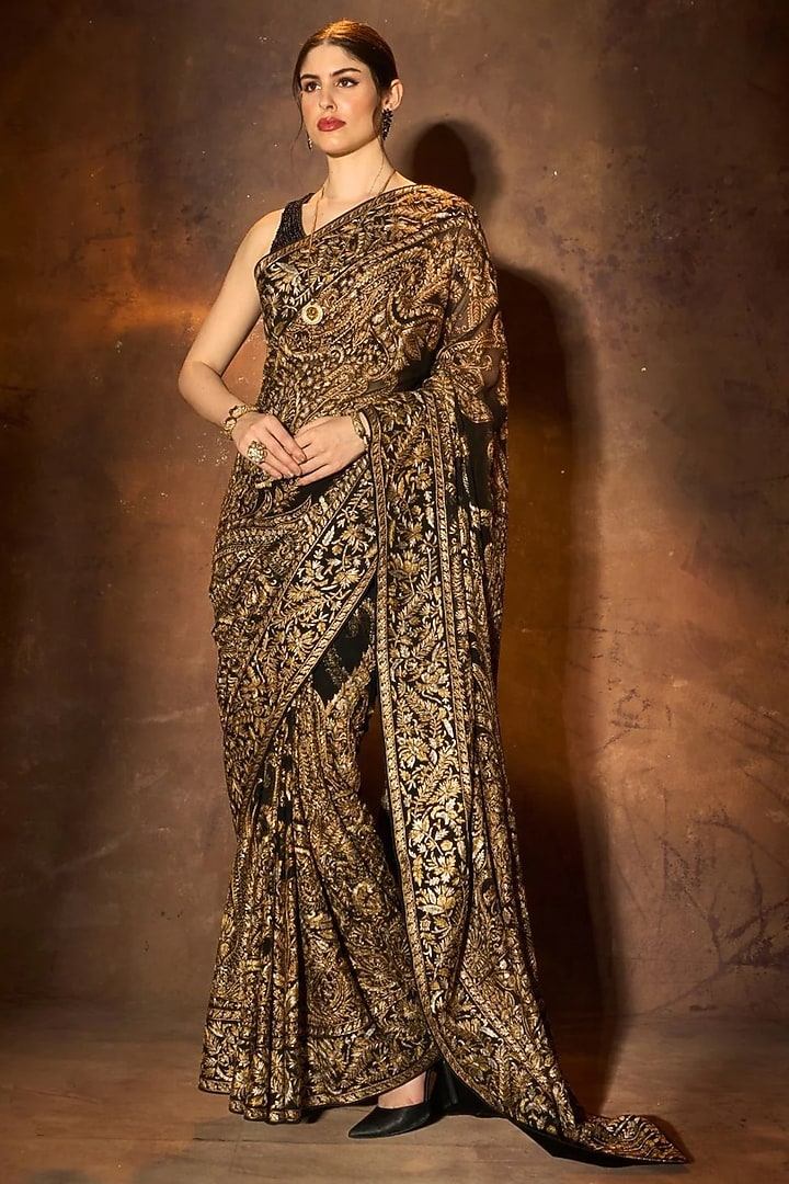 Black Georgette Tilla Embroidered Bridal Saree by Dareaab by Sonia k Mahajan at Pernia's Pop Up Shop