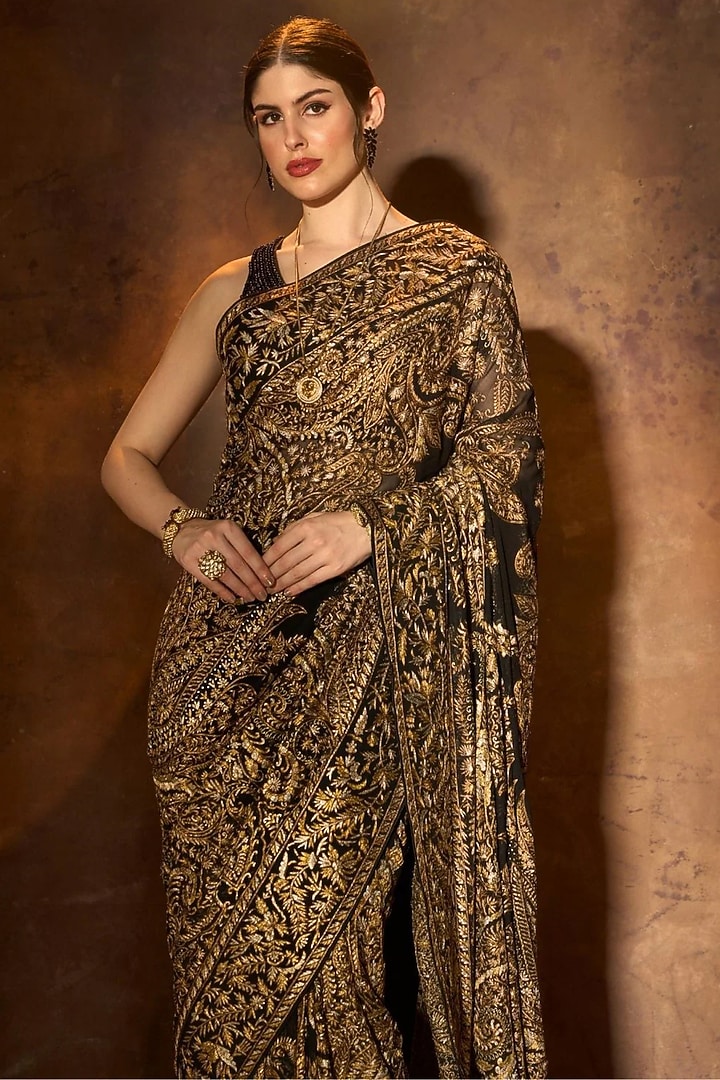 Black Georgette Tilla Embroidered Bridal Saree by Dareaab by Sonia k Mahajan at Pernia's Pop Up Shop