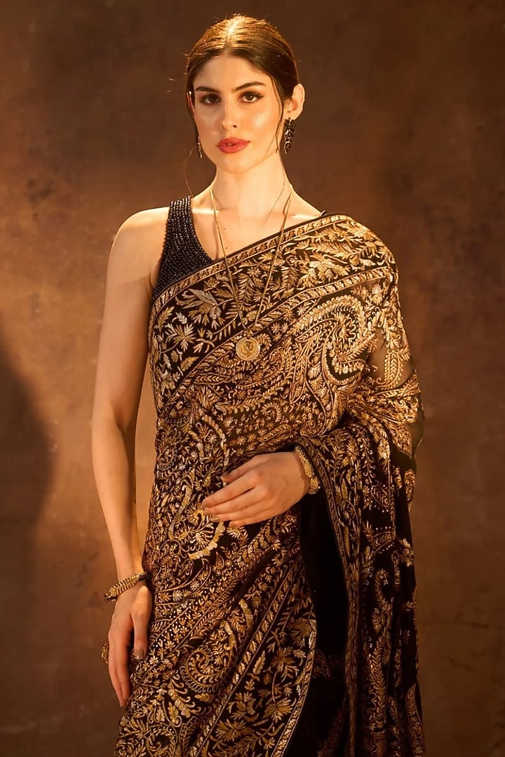 Black Georgette Tilla Embroidered Bridal Saree by Dareaab by Sonia k Mahajan at Pernia's Pop Up Shop